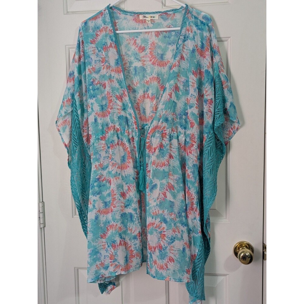 MIKEN Kimono Swim Cover-Up XL Floral Blue Orange Tassel Sheer Chiffon Beach